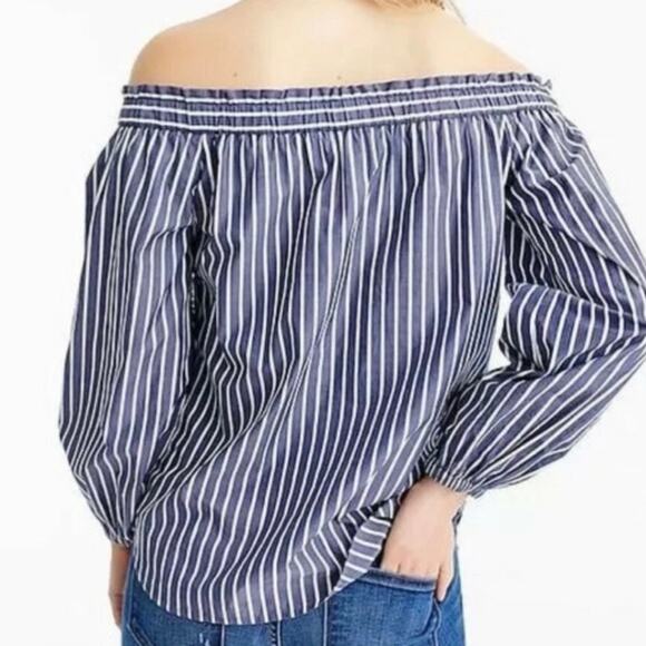 JCrew Blue White Striped Off The Shoulder Cotton Long Sleeve Top Size 14 - Picture 10 of 16